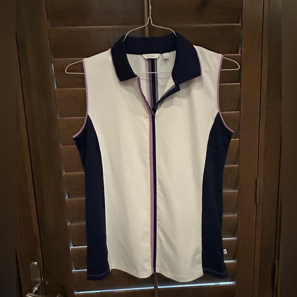 Lady Hagen Navy and White Sleeveless Zip-Up Golf Top - Size M